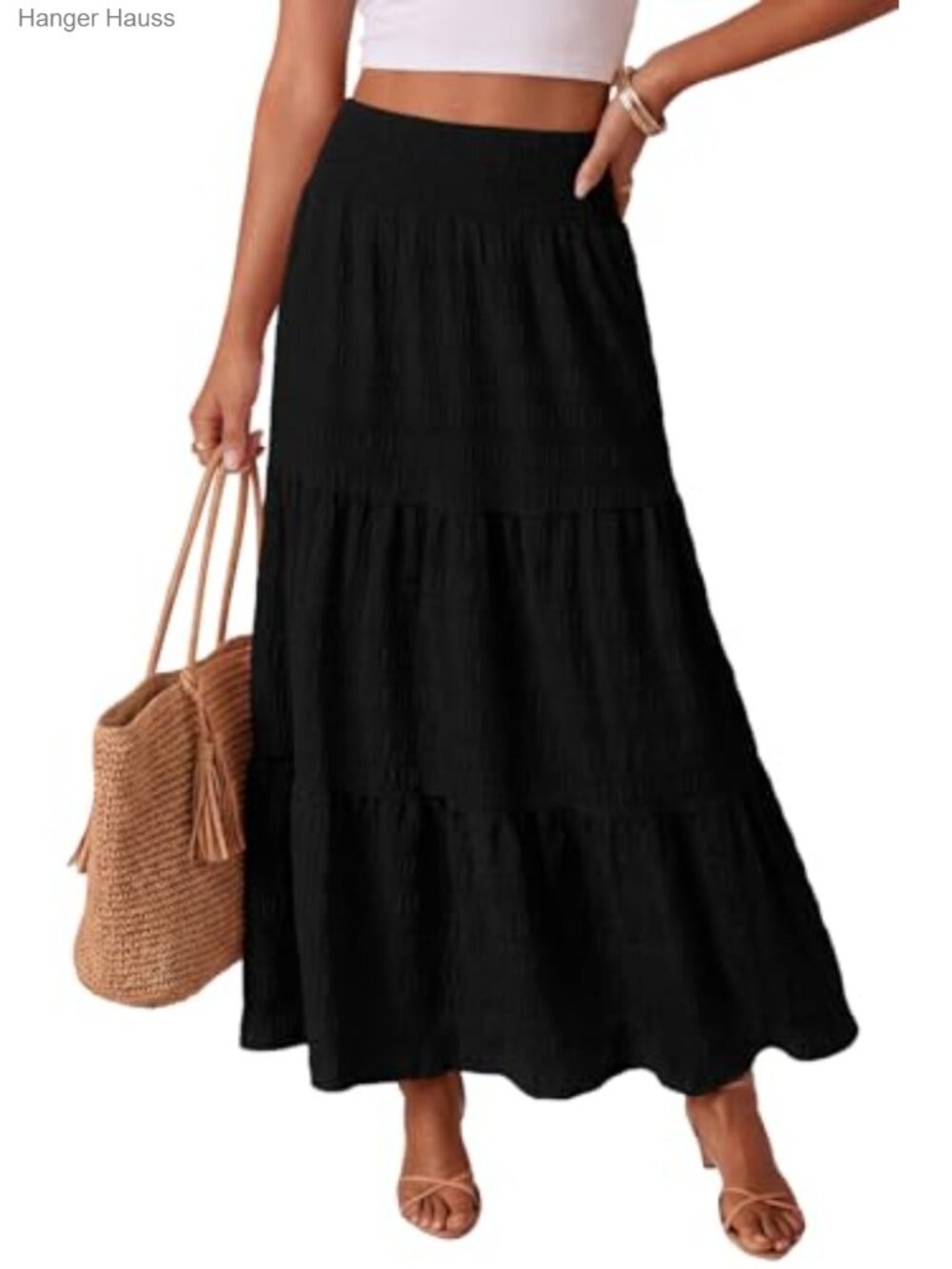Boho Maxi Skirt Smocked Tiered A-Line Flowy Beach Vacation with Pockets